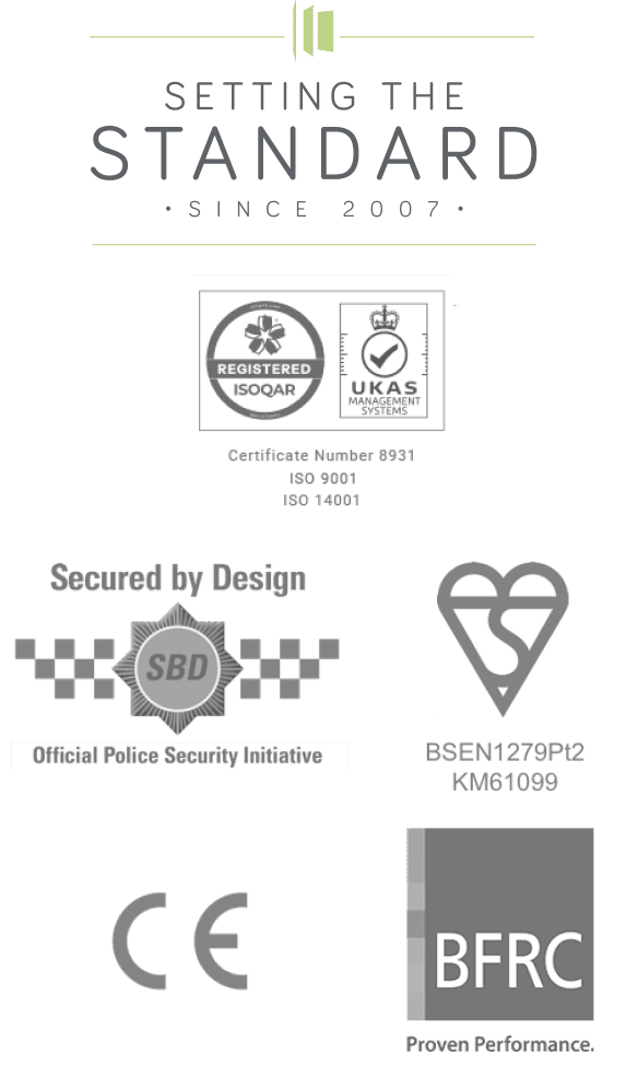 Registered ISOQAR, UKAS Management systems, SBD, British Standards institution, CE, BFRC