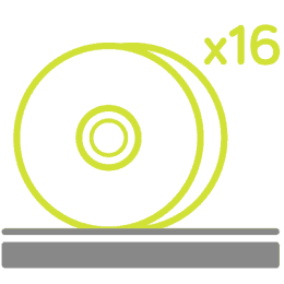 A yellow outline of two overlapping CDs with “x16” in the top right corner, all on a gray background, symbolizing a set of 16 discs.