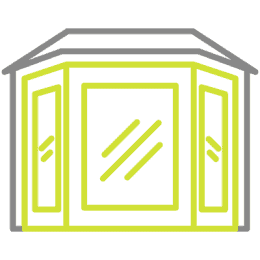 Gray outline of a simple house or building structure with a triangular roof, displayed on a yellow background. The design is minimalistic, showing only the basic frame and roof lines.