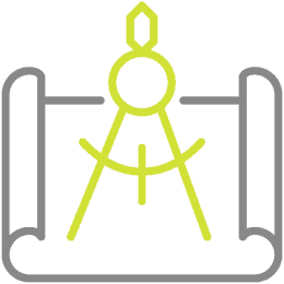 A yellow line drawing of a drafting compass is centered over a faint outline of a blueprint scroll, all on a gray background.