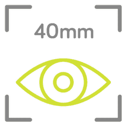 A stylized image of an eye inside a frame with 40mm written above it in gray text, indicating a 40mm focal length. The eye and frame are outlined in light green.