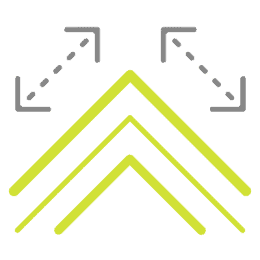 Three upward-pointing arrows below two outward-pointing diagonal arrows with dashed lines, all in a yellow color scheme on a yellow background.