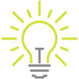 A simple illustration of a light bulb glowing with yellow rays radiating outward, symbolizing an idea or creativity. The light bulb and rays are outlined in yellow with a gray base.