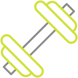A simple illustration of a dumbbell with gray handles and yellow-outlined weights on each end, shown at a diagonal angle on a transparent background.