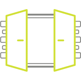 A minimalistic illustration of two open doors with handles, revealing a rectangular space and horizontal bars behind them. Several square shapes are aligned on either side. The background is bright yellow-green.