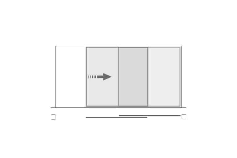 A simple black and white diagram shows three sliding glass doors; the middle door is shaded and an arrow points to the right, indicating the direction in which the door slides open.