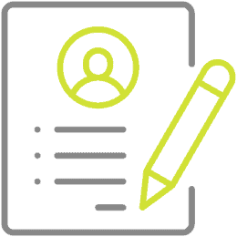 Yellow outline icons of a person inside a circle and a pencil are shown on a gray background, suggesting concepts like editing a profile or user information.