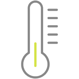 A simple gray thermometer icon with a yellow liquid level, indicating a low temperature, on an olive green background. Four horizontal gray lines to the right suggest possible measurement levels.