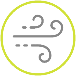 A gray stylized wind icon with swirly lines, resembling air movement, is centered on a bright yellow background with a faint circular border.
