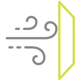 A yellow outlined open door with gray wind lines blowing through, symbolizing airflow or ventilation.