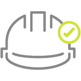 Outline of a construction hard hat with a green checkmark inside a circle in the upper right corner, symbolizing safety approval or compliance.