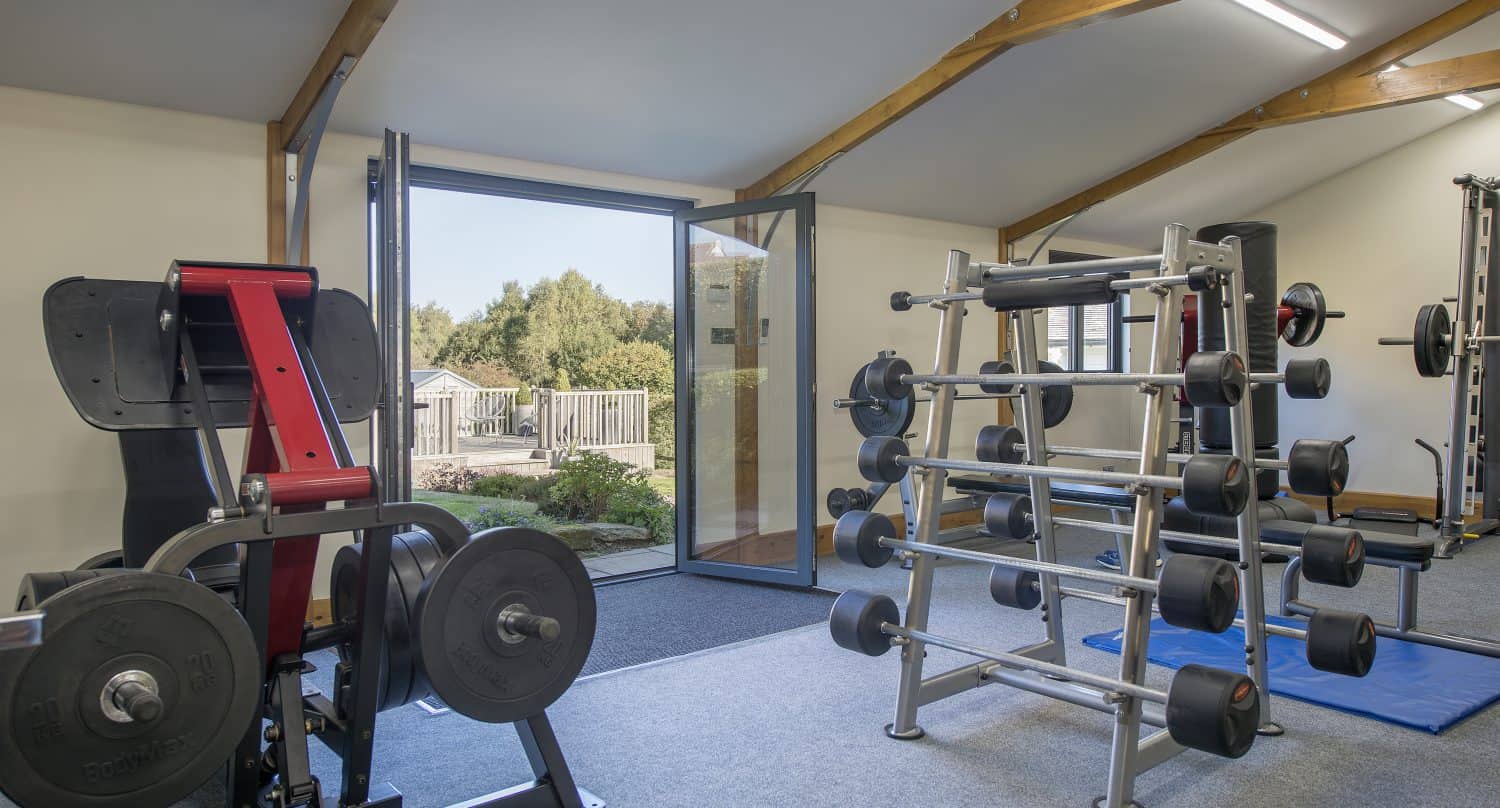 A well-lit home gym with weight machines, a dumbbell rack, and a blue exercise mat. Sliding doors are open, revealing a view of a sunny yard with trees and a fence outside.