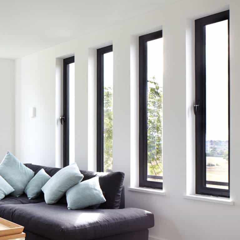 A modern living room with a dark sofa and light blue cushions sits beside four tall, narrow bespoke glass solutions, allowing natural light to fill the white-walled space. Trees and landscape are visible outside.