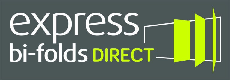 Logo for express bi-folds DIRECT on a grey background, with the word DIRECT in bright yellow-green and three stylized, partially open yellow-green door panels to the right—perfect for showcasing bespoke glass solutions or premium front doors.