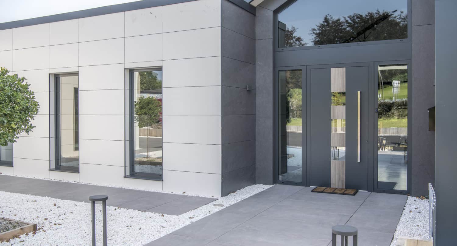 Main entrance modern door design with side panels and large top window