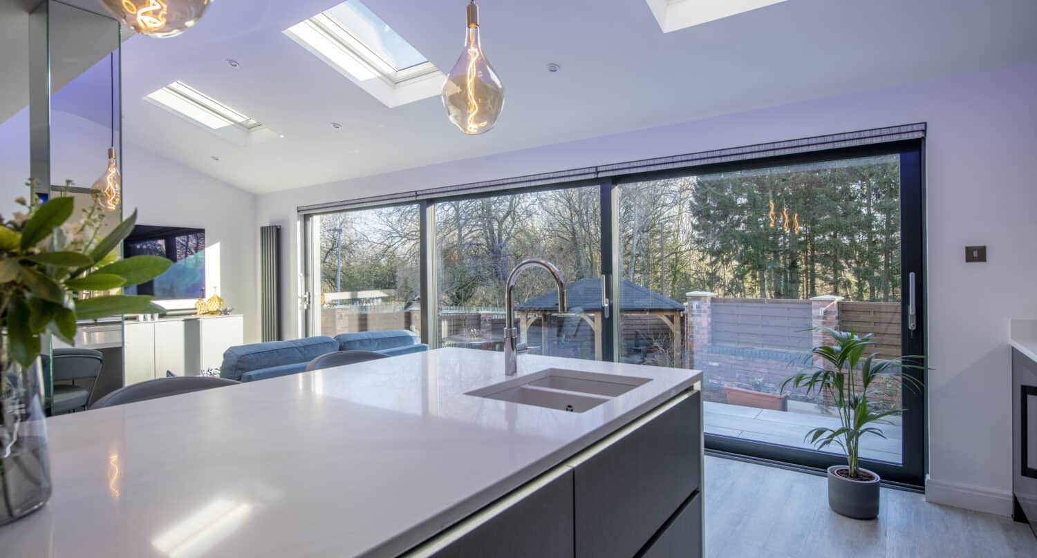 Open plan kitchen extension with glass bifold doors