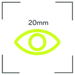 A simple graphic of an eye with 20mm written above it, surrounded by four right-angle corner brackets, suggesting a visual measurement or focal length—ideal for bespoke glass solutions, including front doors and bifold doors.