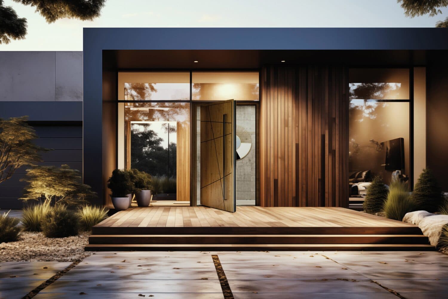 A modern house entrance with a large wooden pivot front door, warm wood paneling, tall windows reflecting trees, potted plants by the doorway, and minimalist landscaping with stone and gravel.