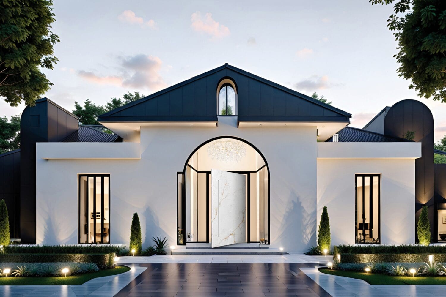 A modern white house with tall windows, bifold doors, a large arched entrance, manicured shrubs, and exterior lights, set against a backdrop of trees and a partly cloudy sky at dusk.