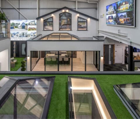 Indoor showroom featuring modern house models, large sliding doors, skylights, artificial grass flooring, and architectural displays on the walls. Bright, spacious, and contemporary design with bespoke glass solutions throughout.