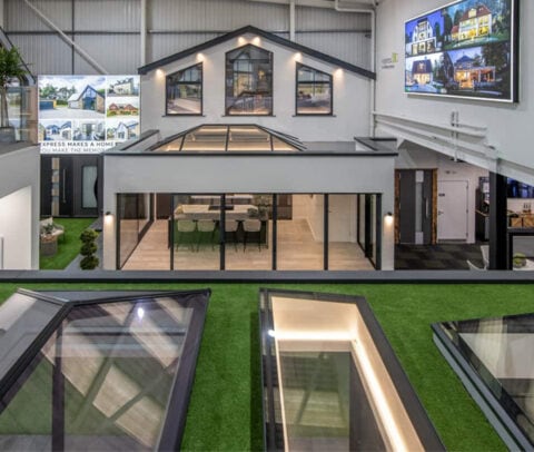 A modern indoor showroom displays model houses with large glass windows, skylights, and bespoke glass solutions. Bright lighting highlights the architecture, while house images are mounted on surrounding walls above the artificial grass.