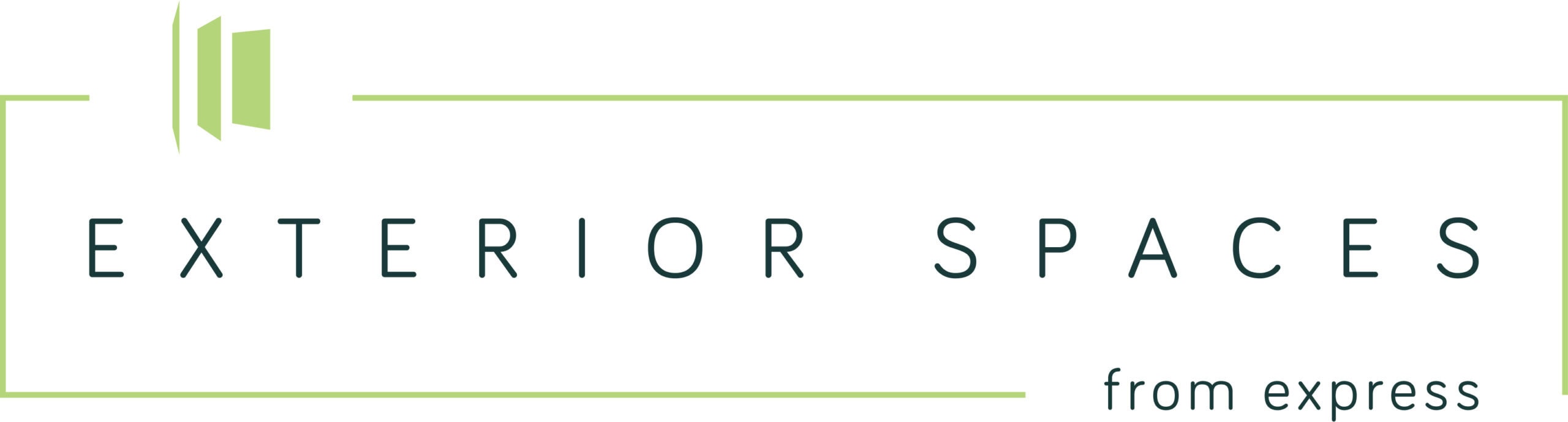 Logo for Exterior Spaces from Express featuring modern green graphics resembling abstract doors or bespoke glass solutions on the left, with text inside a thin green rectangular outline.